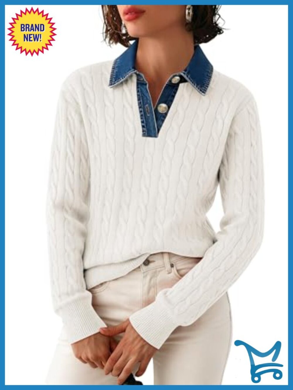 Womens Cable Knit Sweater Denim Lapel V Neck Button Pullover